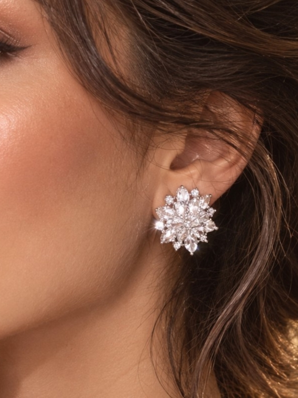 Crystal Flower Cluster Stud Earrings - Silver